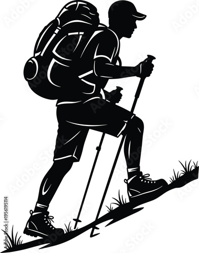 Hiker silhouette illustration, outdoor adventure artwork design, trekking vector motif, bold graphic icon, black white exploration symbol