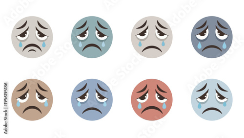 Collection of Various Muted Color Crying Face Icons, Depicting Expressions of Sadness and Despair, Isolated for Digital Use