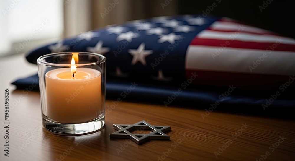 Fototapeta premium Remembrance day tribute candlelit vigil with american flag and star of david