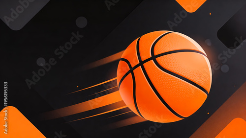 Basketball illustration. Orange ball in motion dynamic trails, clean gradient, geometric elements. Basketball poster. For sports branding, posters, social media, apparel prints, digital design project