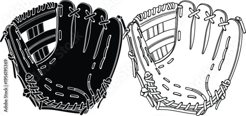Baseball glove illustration set, sports equipment artwork design, athletic vector motif, bold graphic icon, black white game symbol