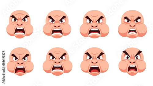 Eight distinct cartoon male faces illustrating exaggerated expressions of anger, frustration, and yelling, presented as isolated vector graphic artwork.