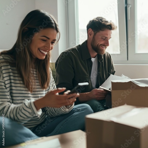 A couple enjoys unpacking boxes in their new home, sharing a moment of joy and excitement. The bright room and casual attire suggest a relaxed atmosphere.