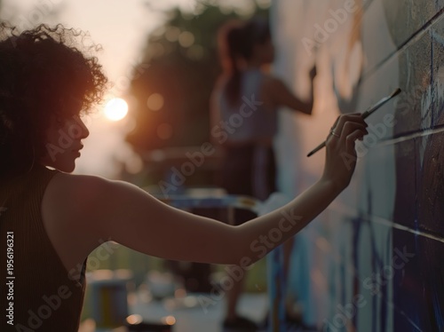 An artist paints a mural on a wall during sunset, capturing the essence of creativity and expression. The warm glow of the sun enhances the scene's artistic ambiance.