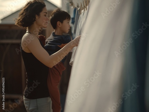 A mother and her child engage in a daily chore, hanging clothes on a line under the warm sun. The scene captures a tender moment of bonding and simplicity.