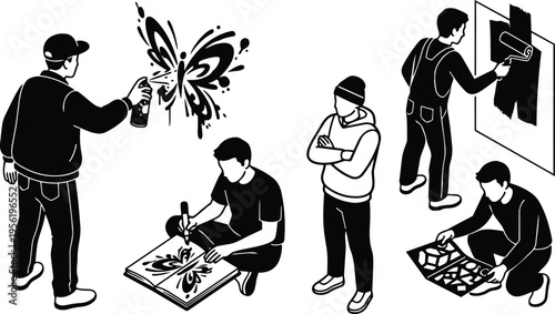 Street art scene with spray can butterfly stencil artist kneeling by open sketchbook