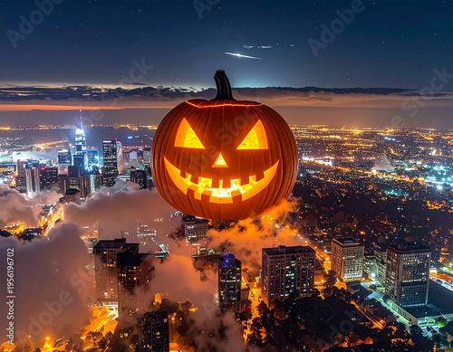 Large jack-o'-lantern floats above a city skyline at night. Its carved face glows warmly. City lights illuminate skyscrapers below. Clouds surround the pumpkin base