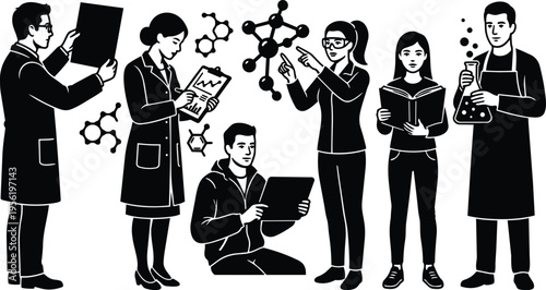 Monochrome vector lab scene with scientists holding tablet clipboard flask and molecular models