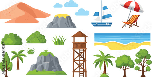 Colorful vector illustration of landscape and nature elements including desert hill, volcano, sailboat, beach scene, trees, palm, lookout tower, tropical outdoor artwork design