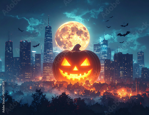 Giant carved pumpkin glows orange against a city night sky. Tall skyscrapers light up the background under a bright full moon. Bats fly near the moon and pumpkin
