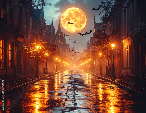 Full moon glows over a cobblestone street at night. Moonlight reflects on wet pavement and street lamps. Ancient buildings line both sides of the road. Bats fly in the moonlit sky