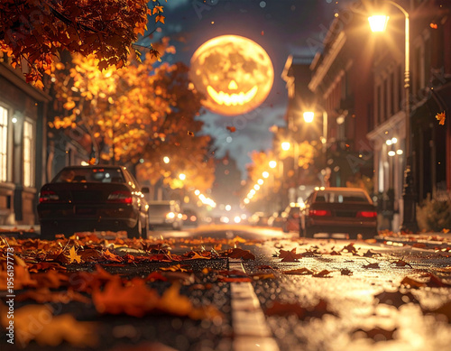 Night street lined with buildings. Parked cars line the road. Fallen orange and red leaves cover the pavement. Streetlights glow warmly. Large full moon hangs high in the sky