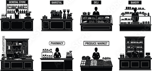 Retail service illustration set, small business artwork design, store vector motif, bold graphic icon, black white commerce symbol