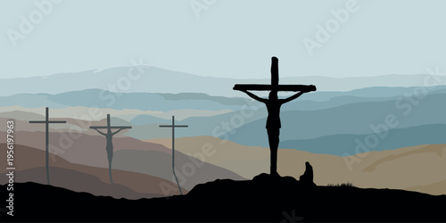 Crucifixion Silhouette on Hill with Crosses and Mountain Landscape Vector Illustration