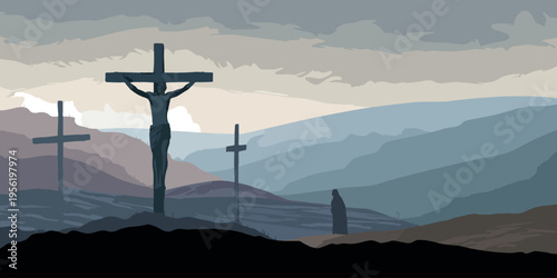 Crucifixion Silhouette on Hill with Crosses and Mountain Landscape Vector Illustration