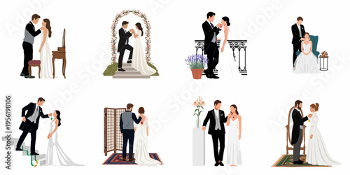 Set of flat illustrations of a bride and groom in various romantic wedding scenes, featuring jewelry and elegant settings.