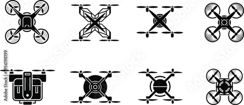 Professional drone vector silhouette set featuring quadcopter icons for delivery surveillance and aerial photography isolated on white background for modern technology and logistics designs