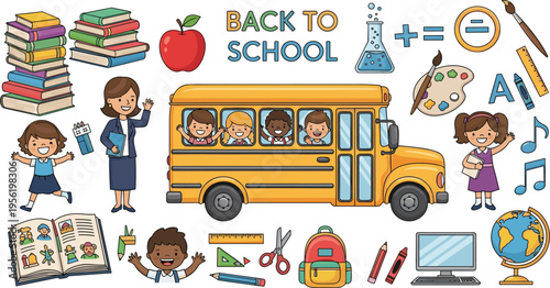 Back to School Vector Set Featuring Yellow School Bus Diverse Cute Children Teacher and Educational Supplies Like Books Globe Backpack and Stationery for Classroom Decor and Learning Material