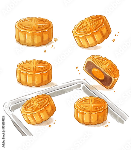 Traditional Mooncake Watercolor Illustration Set – Mid-Autumn Festival Chinese Pastry Collection, Hand Painted Dessert Art