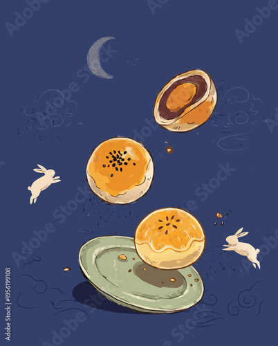 Mid-Autumn Festival Mooncake Night Illustration – Floating Pastry with Moon and Rabbit, Traditional Chinese Dessert Art