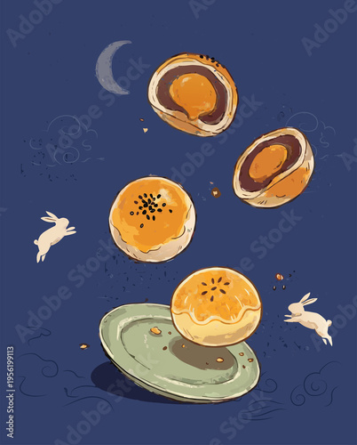 Mid-Autumn Festival Mooncake Night Illustration – Floating Pastry with Moon and Rabbit, Traditional Chinese Dessert Art