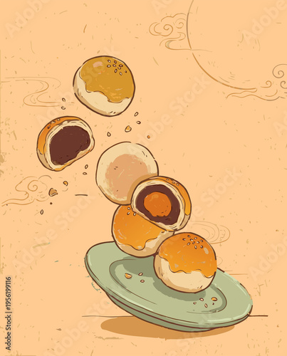 Mid-Autumn Festival Floating Mooncake Illustration – Traditional Chinese Pastry, Artistic Food Composition
