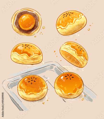 Mid-Autumn Festival Mooncake Watercolor Illustration Set – Traditional Chinese Pastry, Hand Painted Food Art
