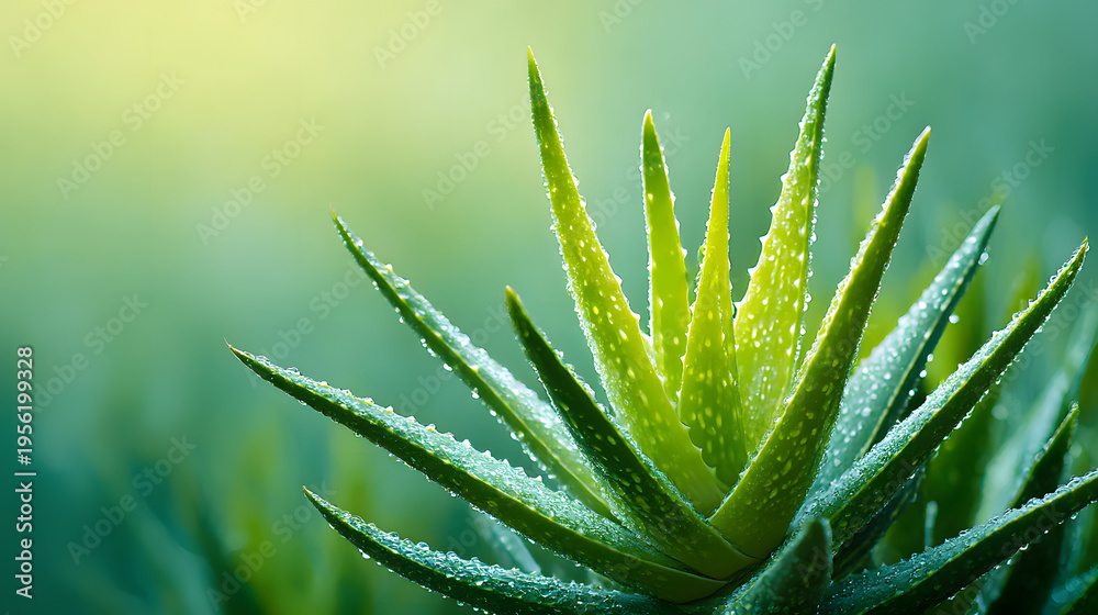 Fototapeta premium Aloe Vera Plant Close-Up with Fresh Dew – Natural Skincare, Herbal Remedy and Green Botanical Background Scene