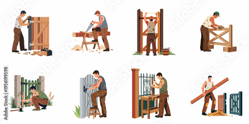 Set of illustrations featuring carpenters and handymen repairing, installing, and building wooden garden gates and fences using various manual tools.