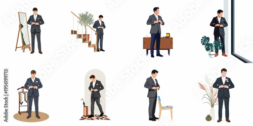 Collection of Eight Illustrations Featuring a Stylish Man Getting Ready in a Suit for a Formal Event or Wedding Ceremony.