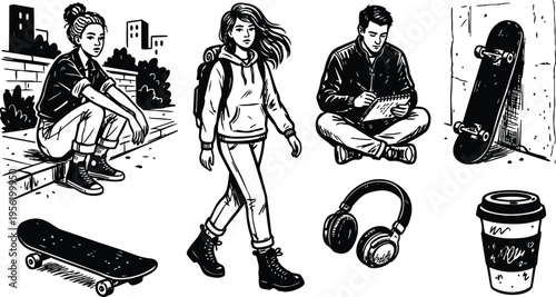 Black and white line art girl walking with backpack and skateboard pieces and seated sketching boy