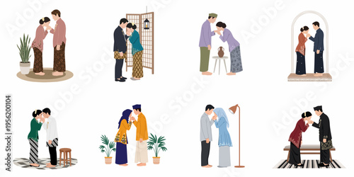 Collection of Indonesian couples in traditional kebaya and batik, performing respectful hand-kissing gestures for Eid al-Fitr or wedding ceremonies.