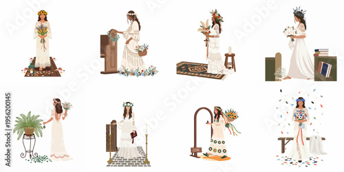 Collection of eight bohemian-style bridal illustrations featuring women in lace wedding dresses with floral crowns and bouquets on a white background.