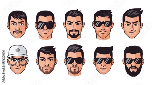 Diverse set of male avatar illustrations with varied hairstyles, facial hair, and accessories. Isolated vector character portraits for identity.