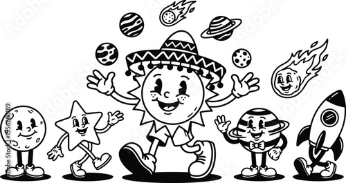 Sun wearing sombrero walking with smiling planets star moon and rocket in black and white line art