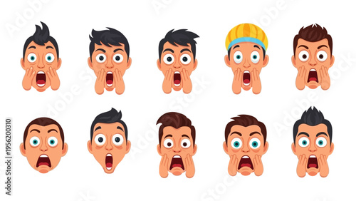 Dynamic vector illustration set of diverse male faces expressing intense shock, fear, and surprise with wide eyes and open mouths.