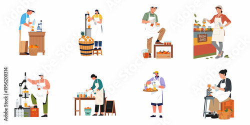 Flat vector illustrations of diverse vendors preparing and selling fresh orange and citrus juices at street market stalls and counters.