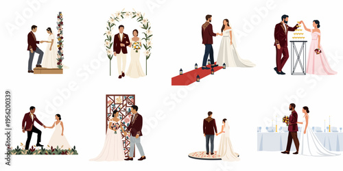 Collection of wedding couple illustrations in various romantic scenes including the ceremony, champagne toast, and reception, featuring diverse couples in elegant attire.