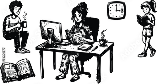 Line art woman reading book at desk with steaming cup computer monitor clock showing three