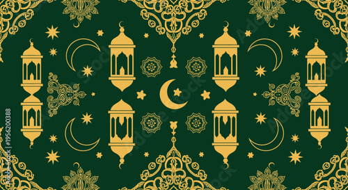 Ramadan Kareem traditional Islamic decorative elements with lanterns, crescent moons and intricate patterns on a dark green background