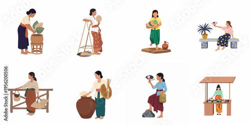 Collection of Southeast Asian women in traditional attire performing various daily activities and crafts, presented in a minimalist flat illustration style.