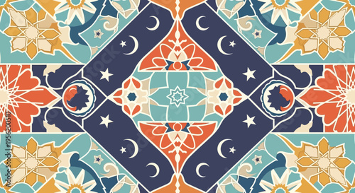 Intricate Islamic Geometric Pattern with Stars and Crescent Moons in a Symmetrical Design