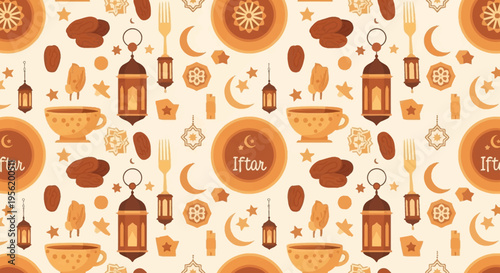 Seamless Ramadan Iftar pattern featuring traditional elements like dates, lanterns, crescent moons, and festive cups on a warm, inviting background, perfect for cultural celebrations
