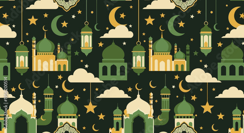 Ramadan Kareem celebration pattern with Islamic mosque domes, crescent moons, stars, and lanterns on a dark background