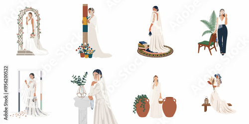 Collection of diverse flat vector illustrations featuring brides in various elegant wedding gowns, veils, and artistic poses with floral and architectural elements.