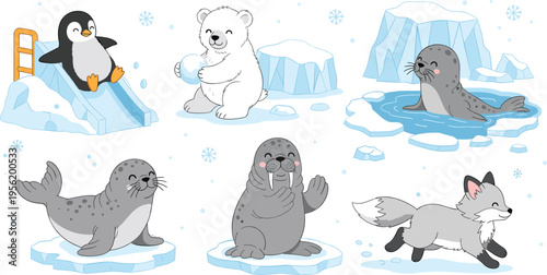 Kawaii Arctic Animal Character Set Featuring Cute Penguin Sliding Polar Bear With Snowball Walrus Seal and Arctic Fox On Ice Bergs For Children Nursery Book And Sticker Design