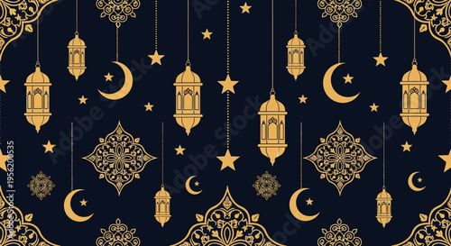 Islamic Pattern with Moon, Stars, and Lanterns for Ramadan and Eid Celebrations