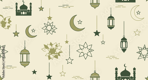 Seamless pattern of Islamic motifs including mosques, stars, and crescent moons in muted tones of beige and green, perfect for Ramadan decorations and Islamic art