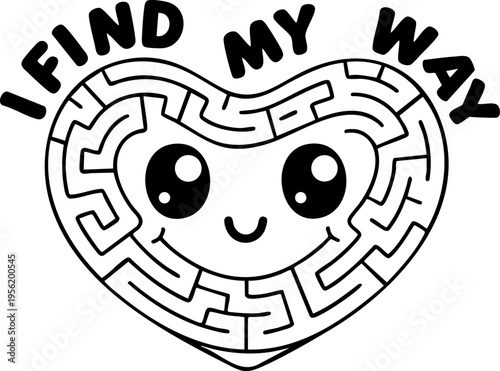 Heart shaped maze with a cute cartoon face in the center and the text I FIND MY WAY around the