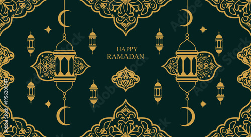 Ramadan Kareem Islamic Design with Traditional Lanterns and Ornate Patterns